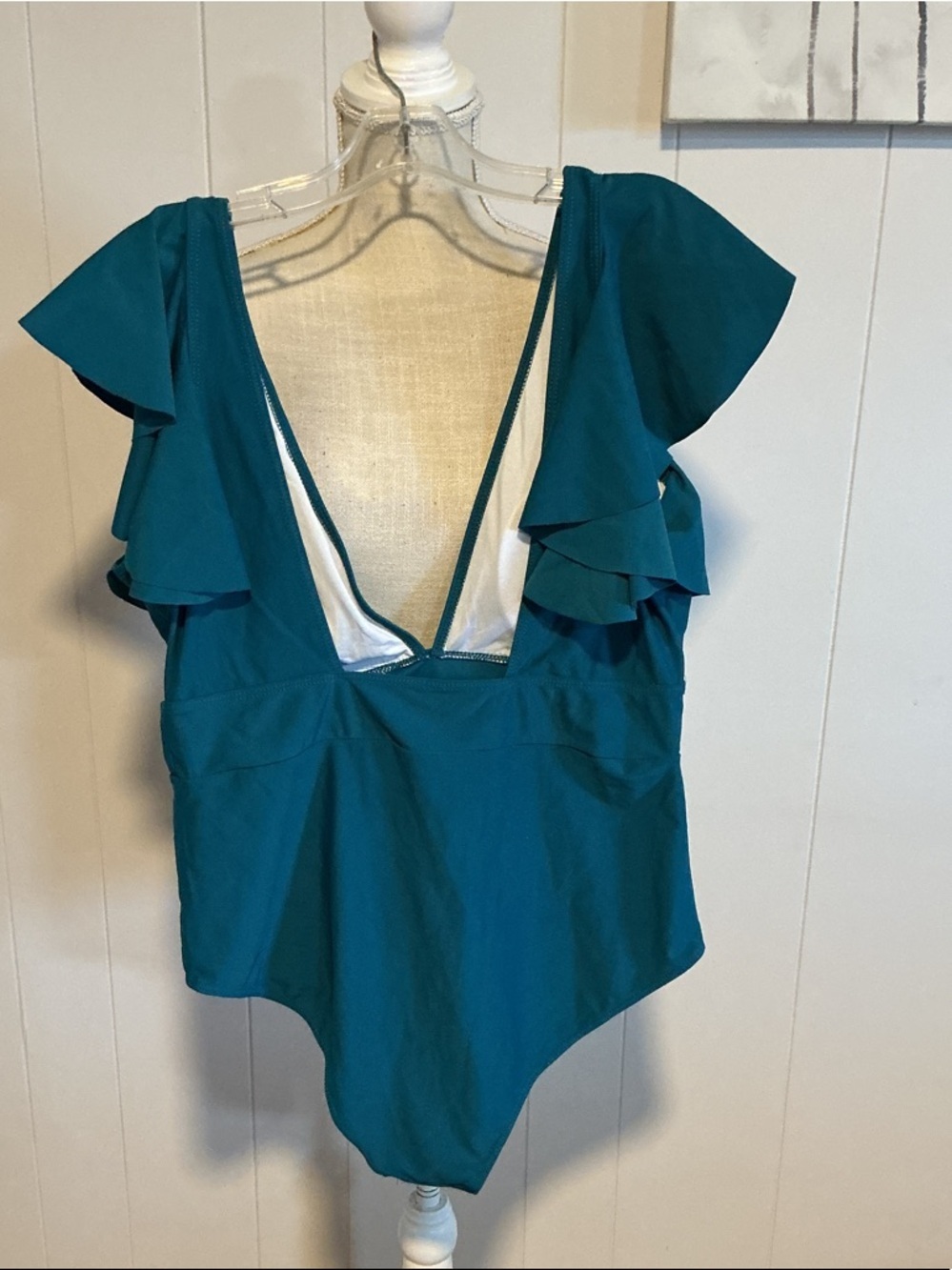 Teal Ruffle Sleeve V-Neck One-Piece Swimsuit - Picture 2 of 3